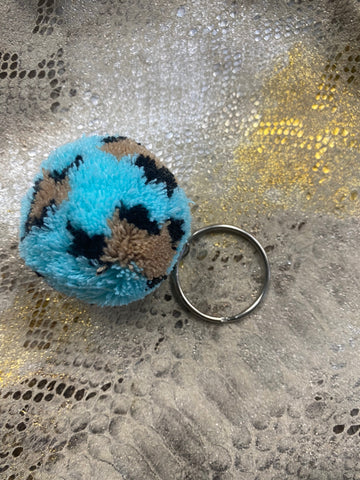 Blue with leopard print fuzzy ball keyring