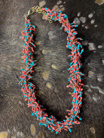 Coral and turquoise small beaded necklace